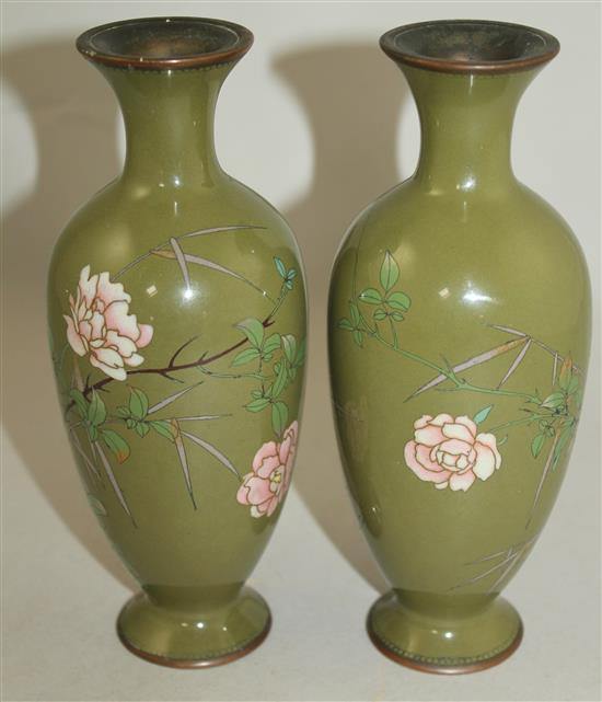 A pair of Japanese silver and copper wire sage green ground vases, c.1910, 18.5cm